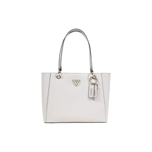 Guess Schwarze Polyurethan-Handtasche mit weißer Tragetasche, silberfarbenen Beschlägen und Logo-Etikett