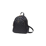Guess black quilted polyurethane rucksack with gold-tone hardware and triangular logo featuring zip pockets