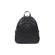 Guess black quilted polyurethane rucksack backpack with gold-tone hardware triangular logo and zip pockets front view