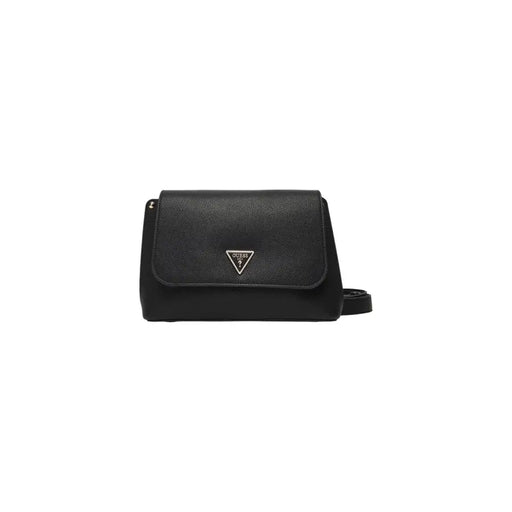 Black Guess polyurethane crossbody shoulder bag with textured leather and silver triangular logo and inside pocket