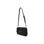 Guess black polyurethane shoulder bag with a silver triangular logo and inside pocket in black leather crossbody style