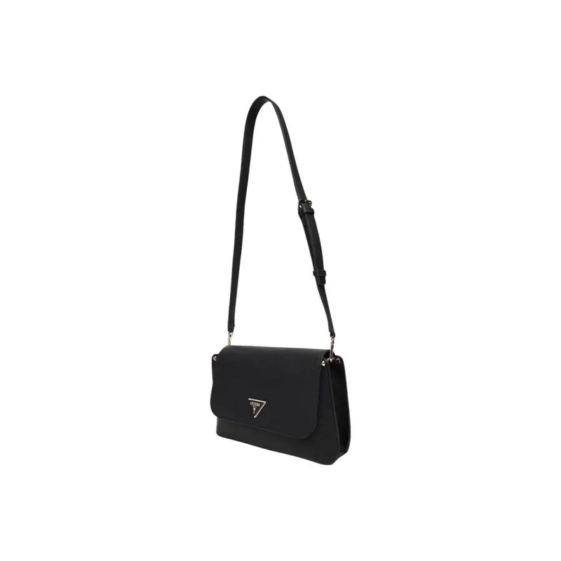 Guess black polyurethane shoulder bag with a silver triangular logo and inside pocket in black leather crossbody style