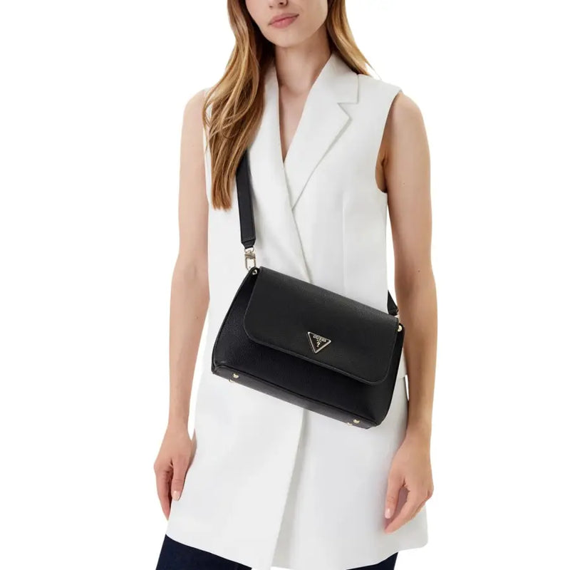 Black Guess polyurethane shoulder bag with textured leather finish and silver-tone triangular logo front detail