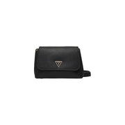 Black Guess polyurethane crossbody shoulder bag with textured leather and silver triangular logo and inside pocket