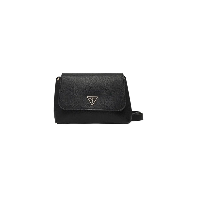 Black Guess polyurethane crossbody shoulder bag with textured leather and silver triangular logo and inside pocket