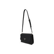 Guess black polyurethane shoulder bag with a silver triangular logo and inside pocket in black leather crossbody style