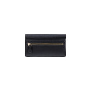 Black textured leather wallet with gold tone zipper inside the Guess black polyurethane shoulder bag with pockets