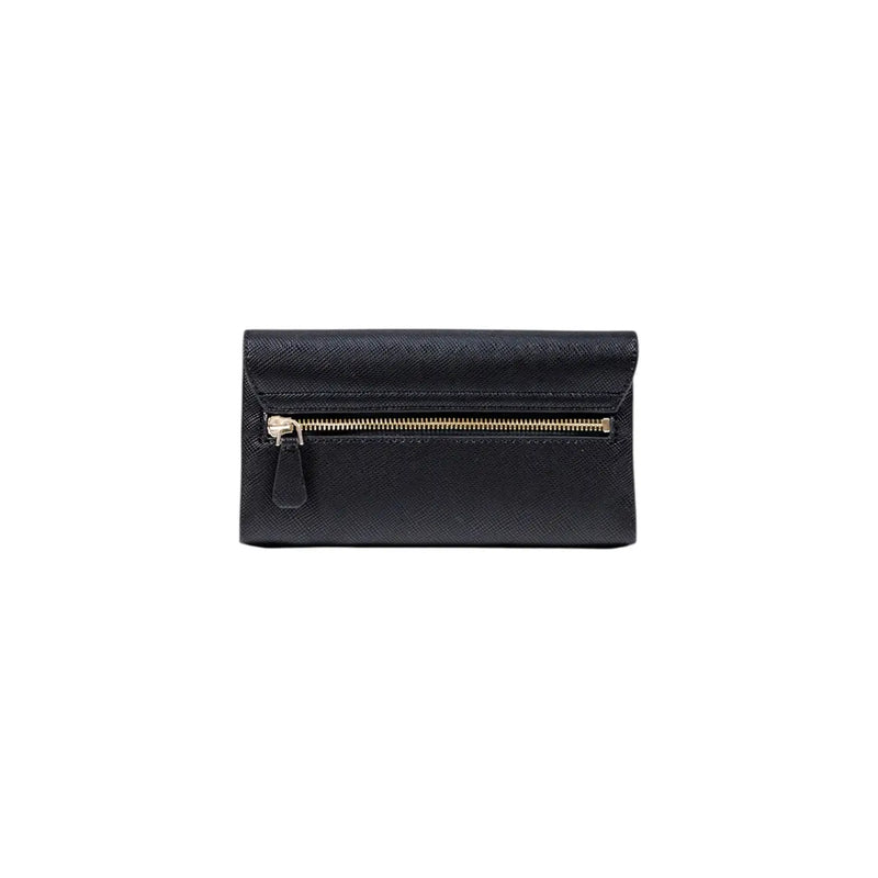 Black textured leather wallet with gold tone zipper inside the Guess black polyurethane shoulder bag with pockets