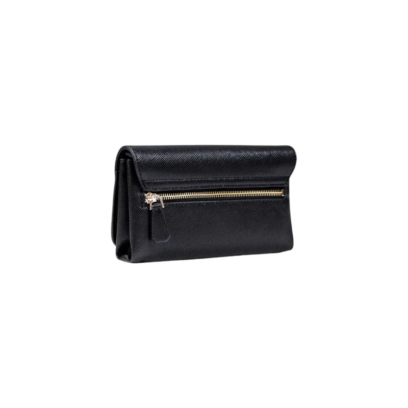 Guess black polyurethane shoulder bag featuring a black textured leather wallet with a gold-tone zipper