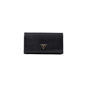 Black Guess polyurethane shoulder bag with textured surface pockets and metallic triangular logo on front