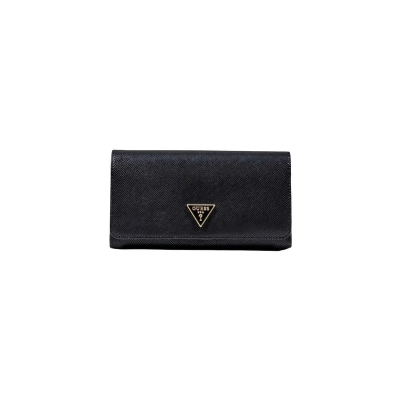 Black Guess polyurethane shoulder bag with textured surface pockets and metallic triangular logo on front