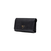 Guess black polyurethane shoulder bag with textured surface triangular logo emblem and multiple exterior pockets
