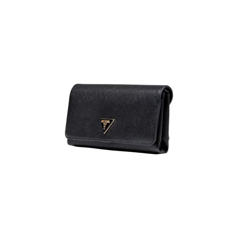Guess black polyurethane shoulder bag with textured surface triangular logo emblem and multiple exterior pockets