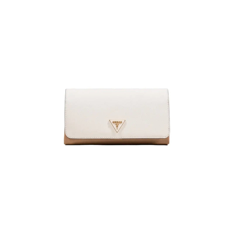 Sleek white beige Guess wallet with gold-trimmed logo on shoulder bag