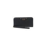 Black textured leather Guess women wallet with wrist strap and metallic logo plaque from spring summer collection