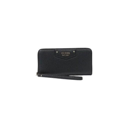 Black textured leather Guess women wallet with wrist strap and metallic logo plaque from spring summer collection
