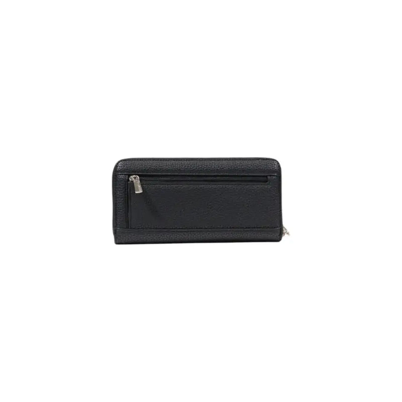 Guess black polyurethane women wallet spring summer collection featuring textured design with silver zipper accents