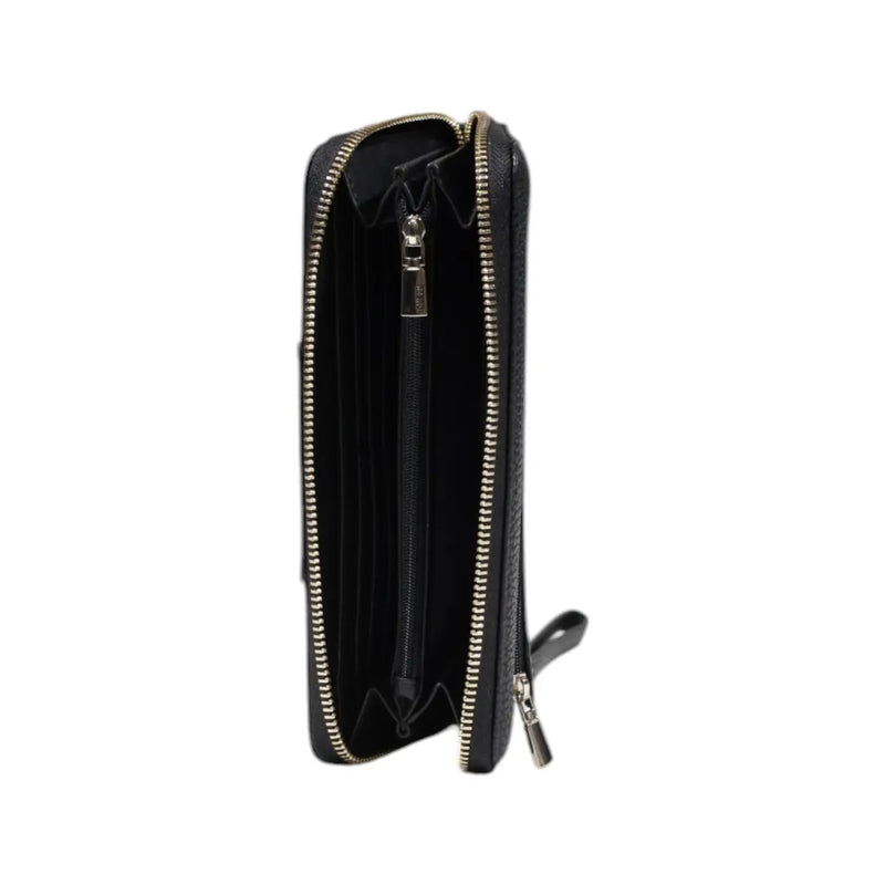 Guess black polyurethane women wallet with dual zippers and gold-tone hardware from spring summer collection