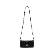Guess black quilted polyurethane crossbody bag with gold-tone triangular logo and chain strap featuring inside pockets