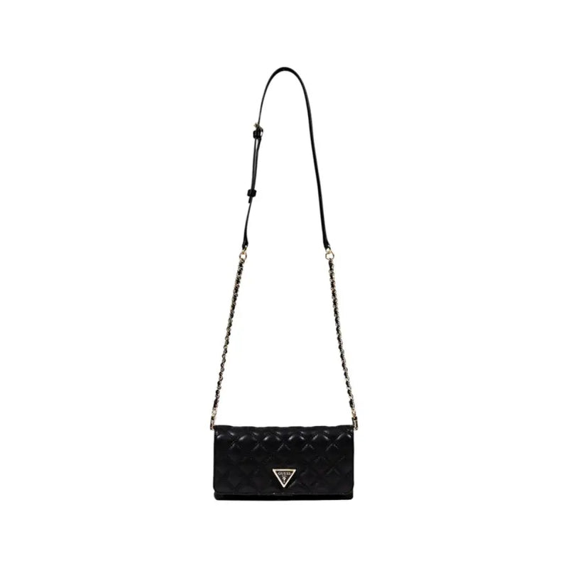 Guess black quilted polyurethane crossbody bag with gold-tone triangular logo and chain strap featuring inside pockets