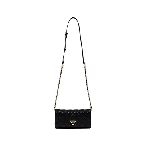 Guess black quilted polyurethane crossbody bag with gold-tone triangular logo and chain strap featuring inside pockets