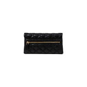 Guess black quilted polyurethane women’s clutch bag with gold zipper and inside pockets for organized storage