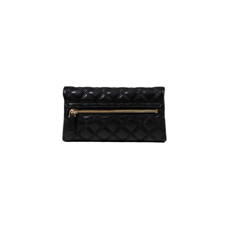 Guess black quilted polyurethane women’s clutch bag with gold zipper and inside pockets for organized storage