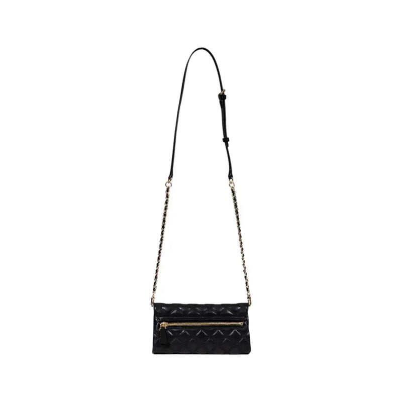 Guess black quilted polyurethane crossbody bag with gold-tone zipper chain strap and inside pockets for women