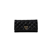 Black quilted leather Guess wallet with gold-tone triangular logo in a polyurethane women’s bag with inside pockets