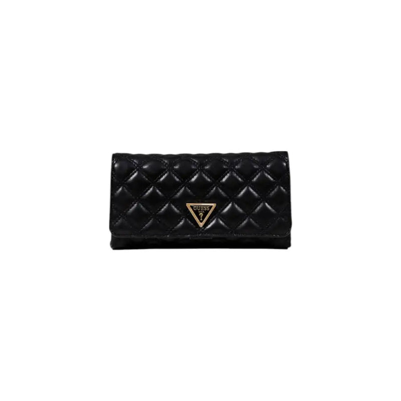 Black quilted leather Guess wallet with gold-tone triangular logo in a polyurethane women’s bag with inside pockets