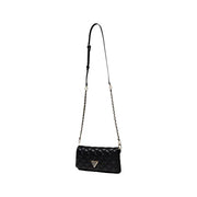 Guess black quilted polyurethane crossbody bag with silver chain strap and triangular logo featuring inside pockets