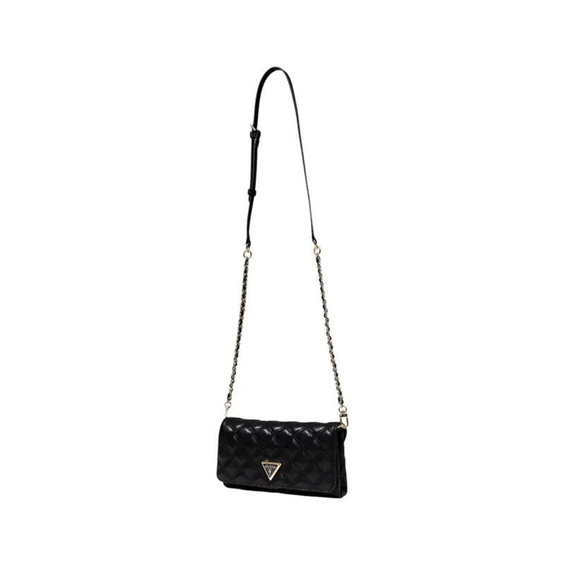 Guess black quilted polyurethane crossbody bag with silver chain strap and triangular logo featuring inside pockets