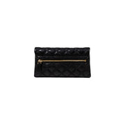 Guess black quilted polyurethane women’s clutch bag with gold zipper and inside pockets for organized storage