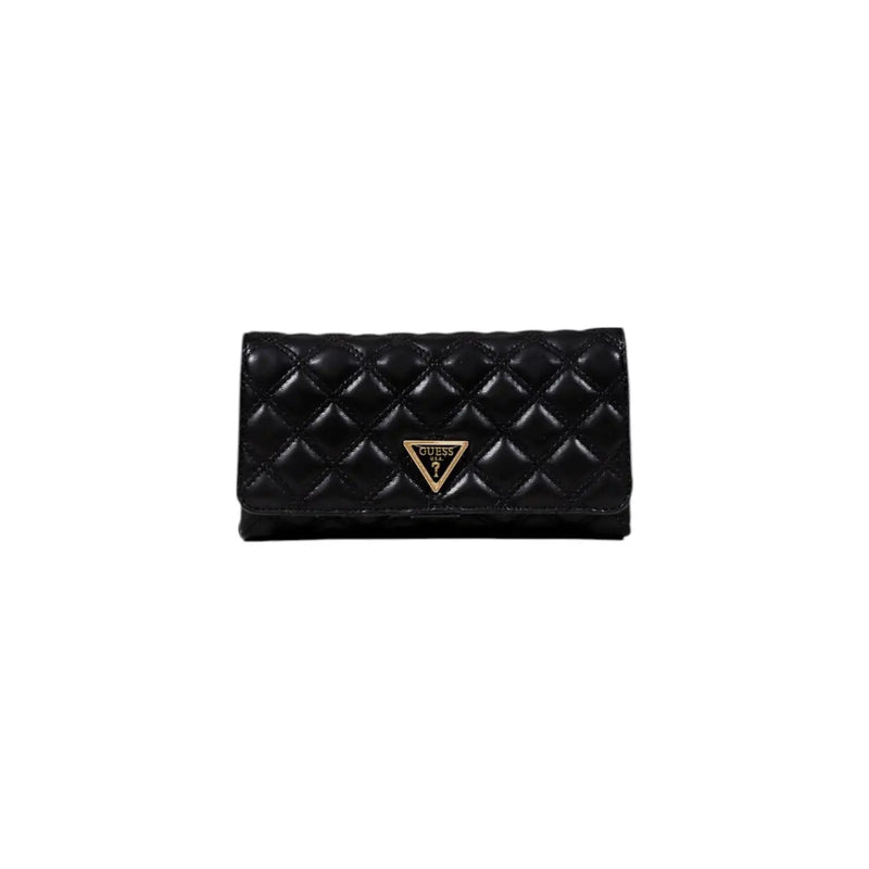 Black quilted leather Guess wallet with gold-tone triangular logo in a polyurethane women’s bag with inside pockets