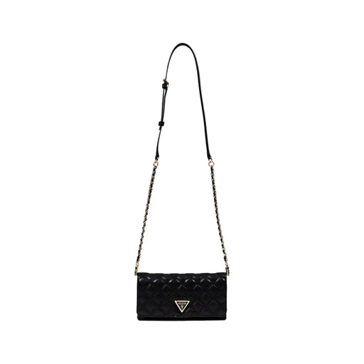 Guess black quilted polyurethane crossbody bag with gold-tone triangular logo and chain strap featuring inside pockets