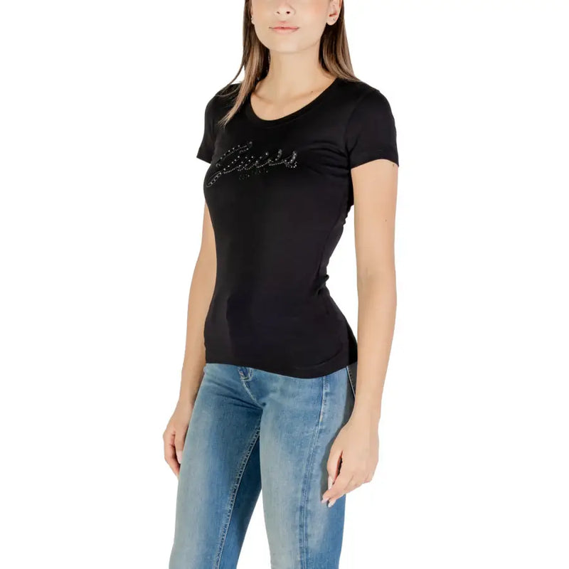 Black Guess womens rhinestone print round neck t shirt with short sleeves and sparkling brand name on chest