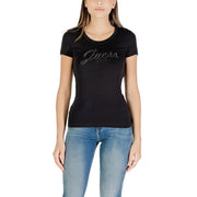 Guess black womens rhinestone print round neck t shirt with a sparkling silver logo across the chest
