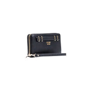 Guess Black Zip Wallet with textured leather, gold hardware, and wrist strap