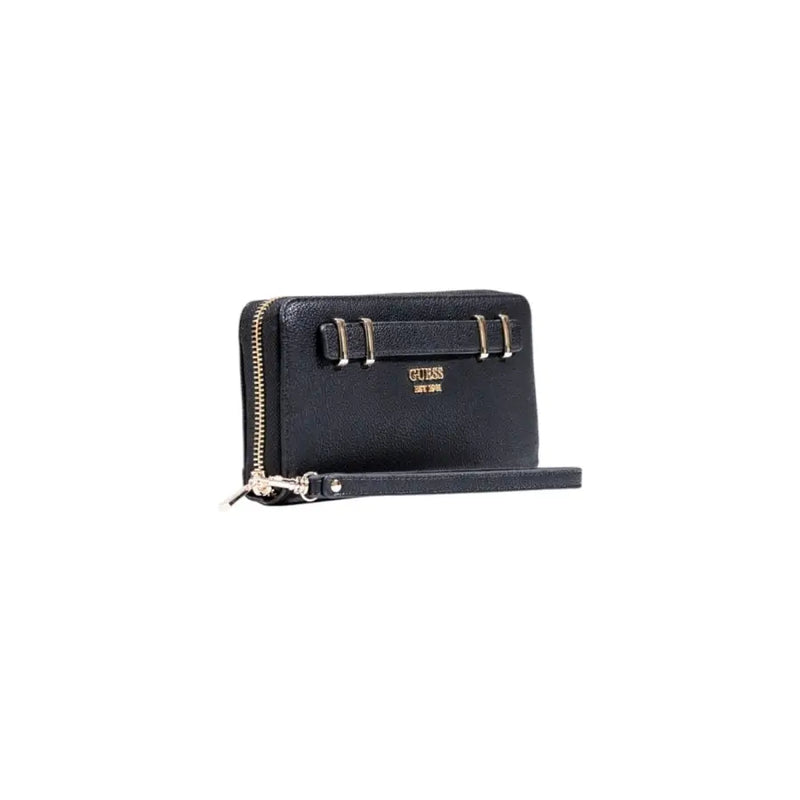 Guess Black Zip Wallet with textured leather, gold hardware, and wrist strap