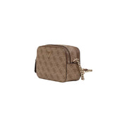 Beige Guess brown polyurethane shoulder bag for women with repeating logo pattern and gold-tone chain strap