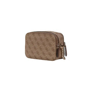Beige Guess brown polyurethane crossbody bag with repeating monogram pattern and gold-tone chain strap for women