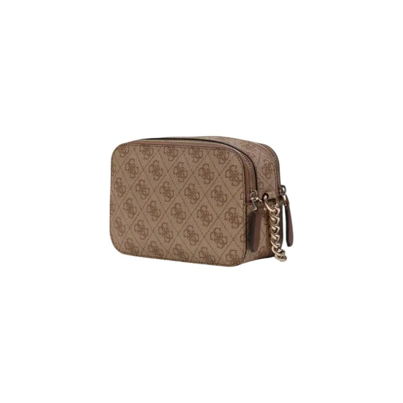 Beige Guess brown polyurethane crossbody bag with repeating monogram pattern and gold-tone chain strap for women