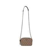 Beige guess brown polyurethane shoulder bag for women with repeating logo pattern and silver chain crossbody strap