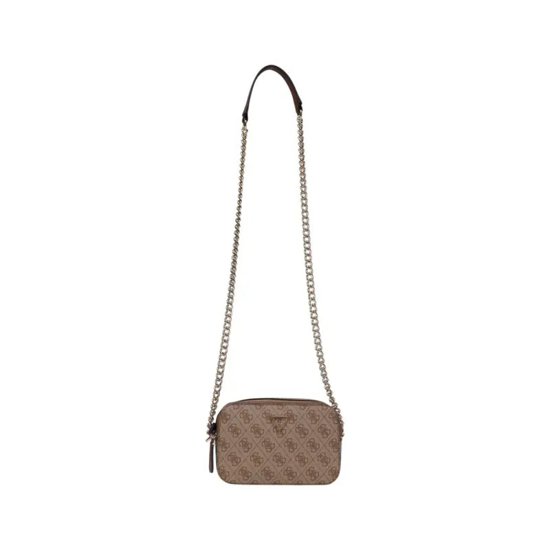 Beige guess brown polyurethane shoulder bag for women with repeating logo pattern and silver chain crossbody strap