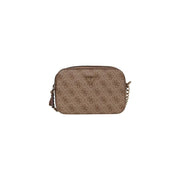 Beige Guess poly shoulder bag for women featuring a repeating logo pattern and gold-tone chain strap