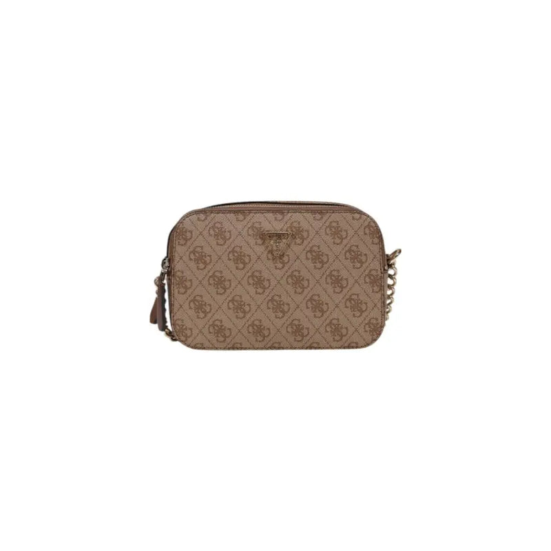 Beige Guess poly shoulder bag for women featuring a repeating logo pattern and gold-tone chain strap