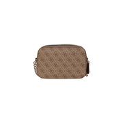 Beige Guess brown polyurethane crossbody bag for women with repeating logo pattern and gold-tone chain strap