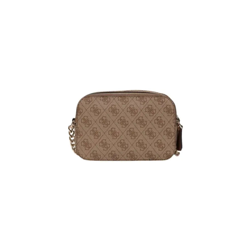 Beige Guess brown polyurethane crossbody bag for women with repeating logo pattern and gold-tone chain strap