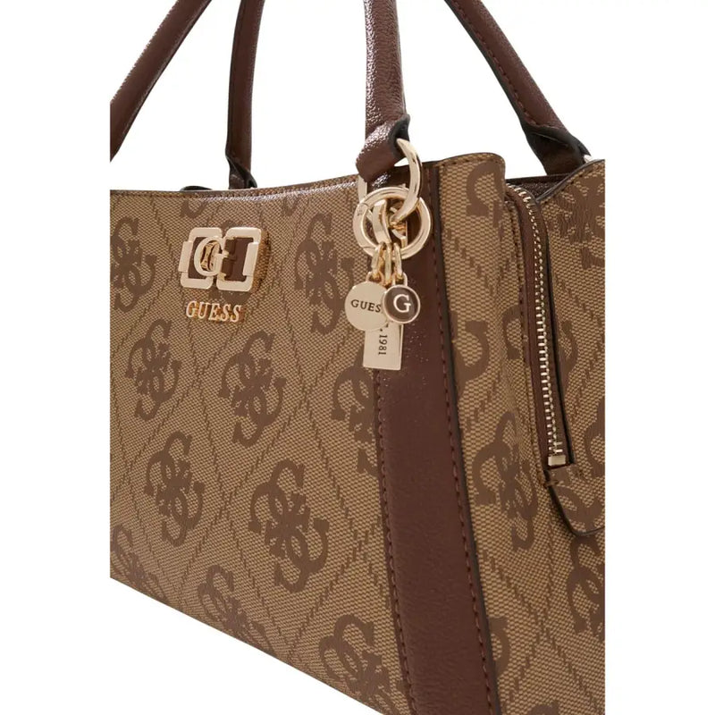 Brown guess handbag with repeating monogram print leather and gold-tone hardware featuring a shoulder strap