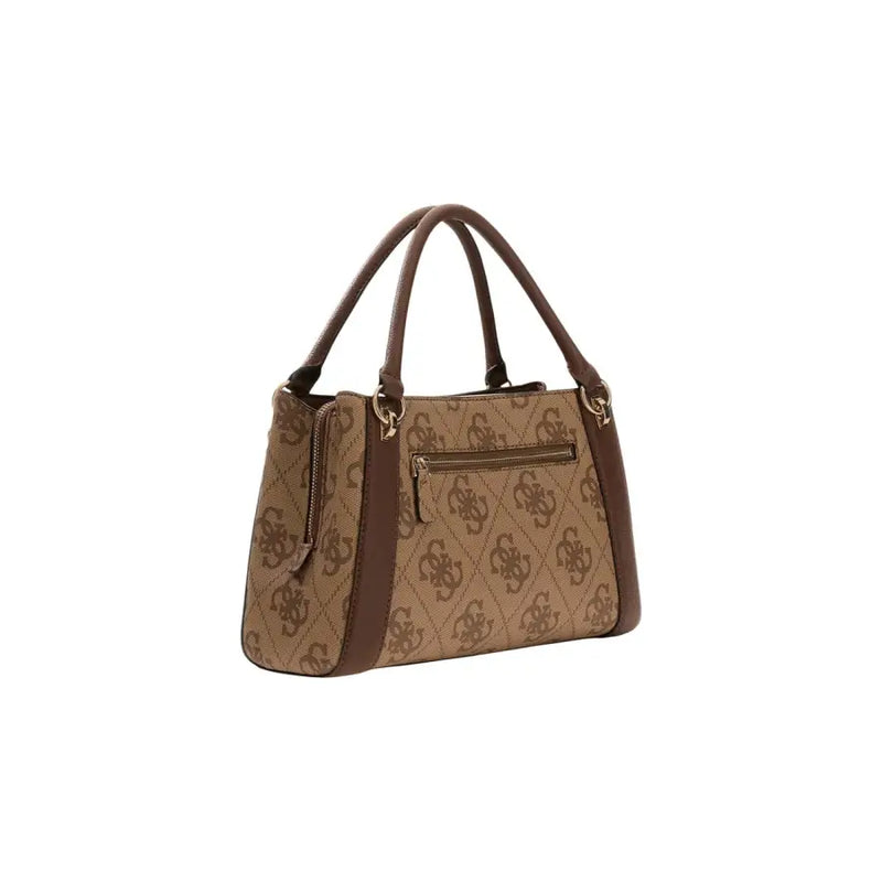 Brown and tan patterned Guess handbag with signature logo design and shoulder strap for stylish wear